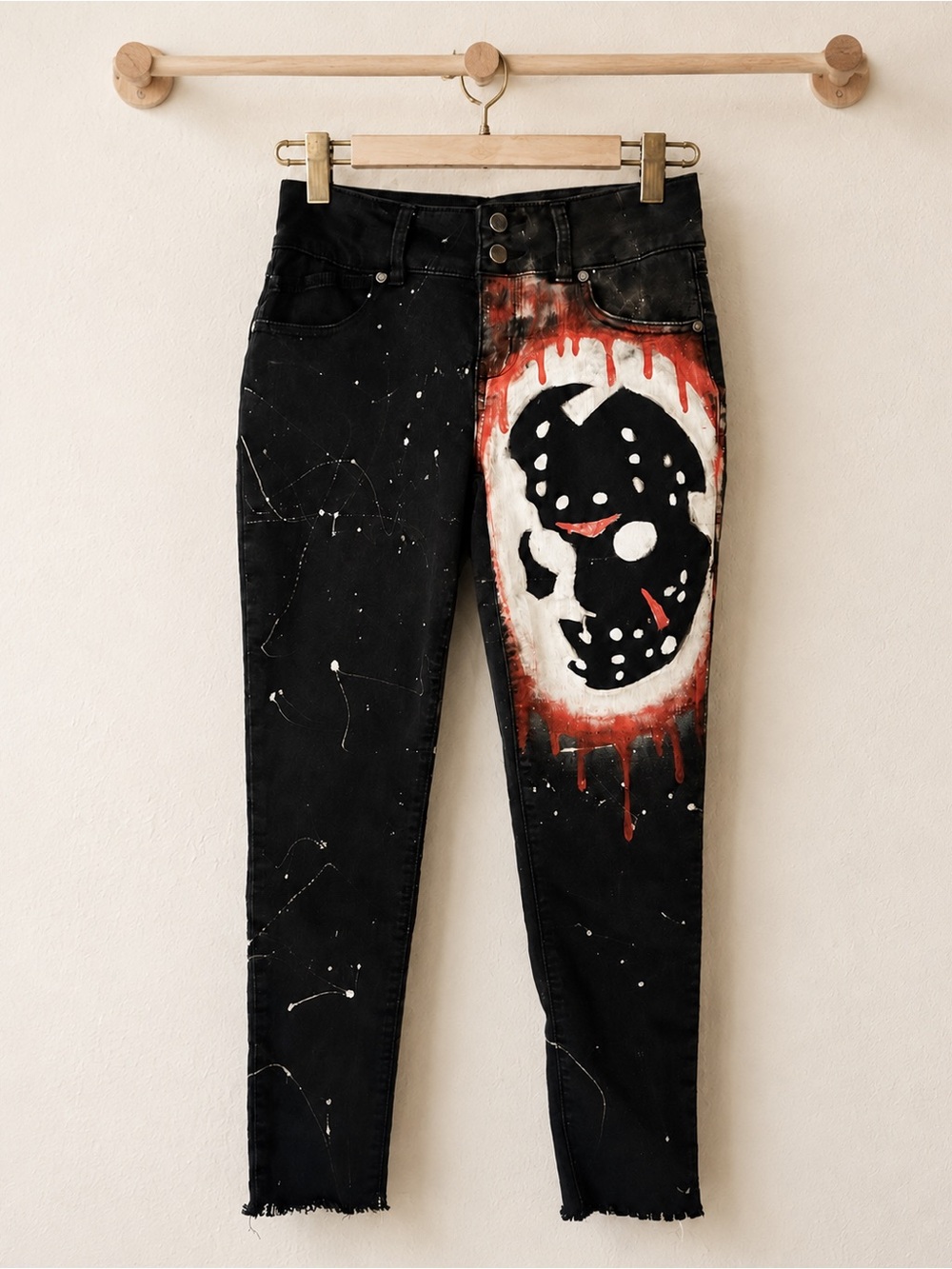 Hand-Painted Black Women’s Jeans with Red & White Graphic